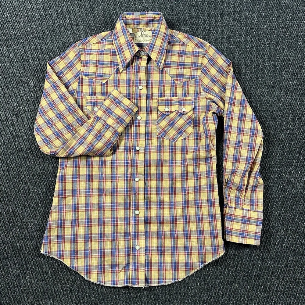 Vintage Dee Cee Women's Pearl Snap Shirt 9/10 Yellow Plaid 2-Snap Sawtooth USA